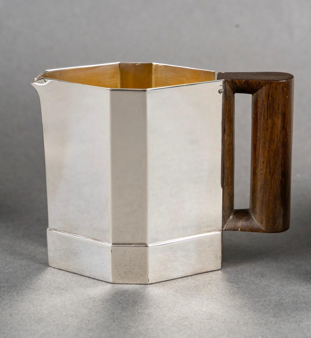 1930 Jean E Puiforcat Art Deco Modernistisches Tee-Couchtisch-Set aus Sterlingsilber und Palisanderholz (Französisch) im Angebot