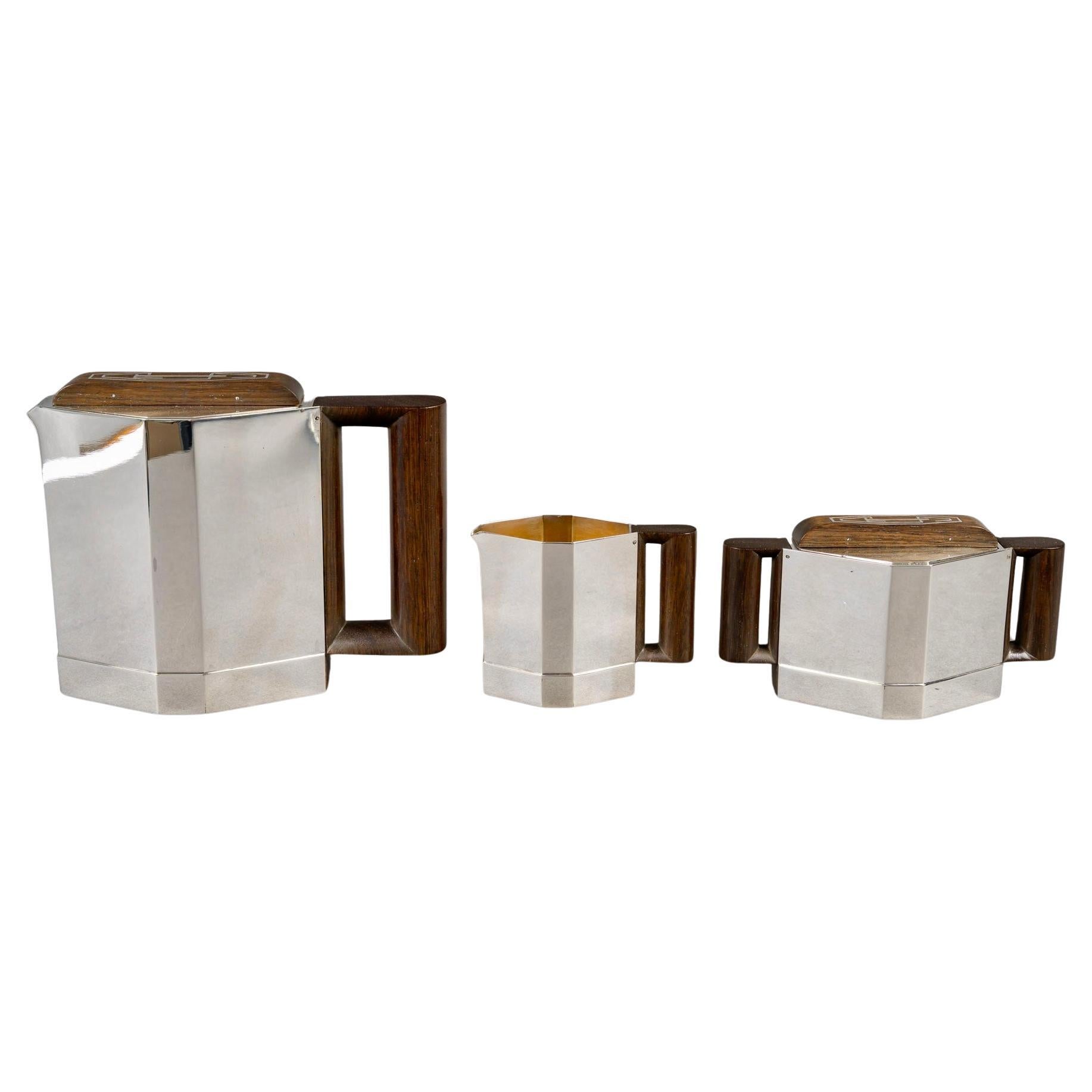 1930 Jean E Puiforcat Art Deco Modernistisches Tee-Couchtisch-Set aus Sterlingsilber und Palisanderholz