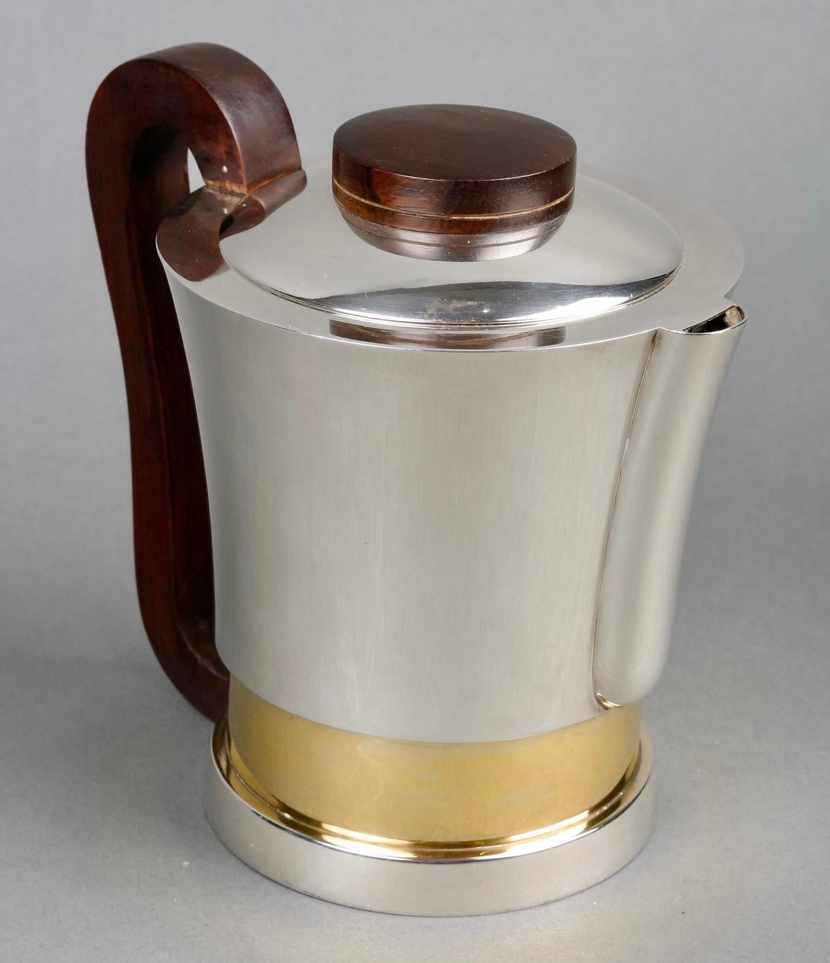 1930 Jean E. Puiforcat Modernist Tee Kaffee Set Sterling Silber Vermeil Rosenholz im Angebot 3