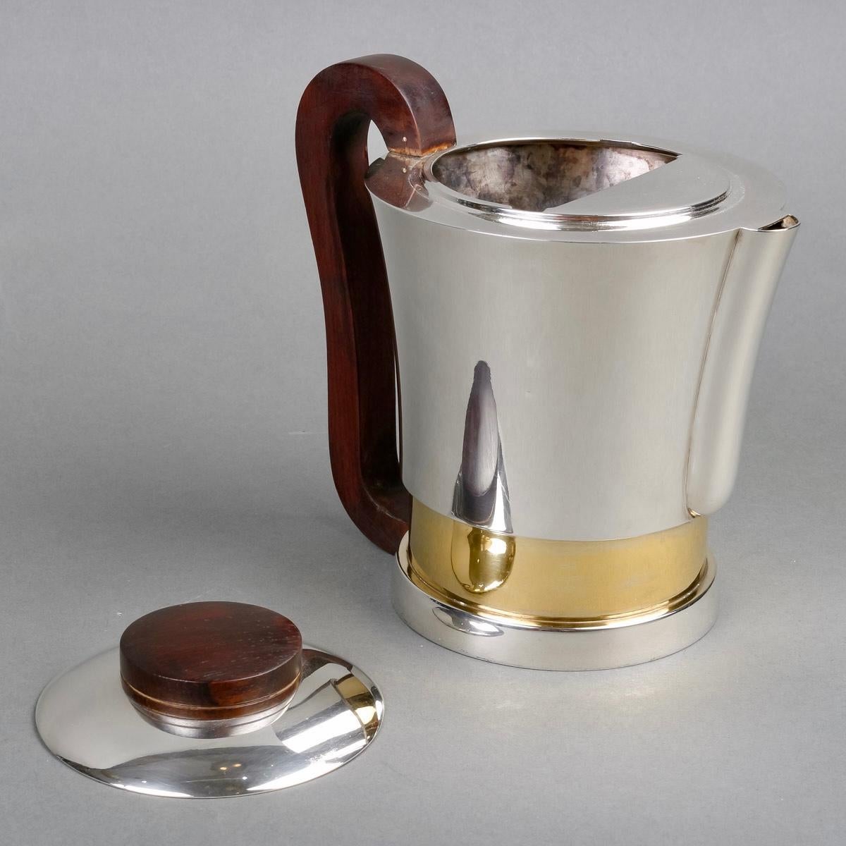 1930 Jean E. Puiforcat Modernist Tee Kaffee Set Sterling Silber Vermeil Rosenholz im Angebot 4