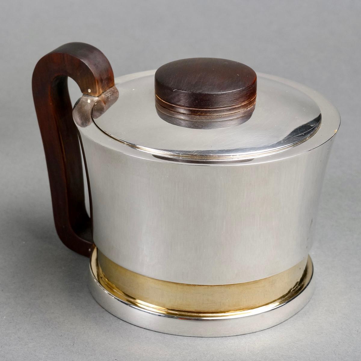 Art déco 1930 Jean Puiforcat Modernist Tea Coffee Set Sterling Silver Vermeil Rosewood en vente