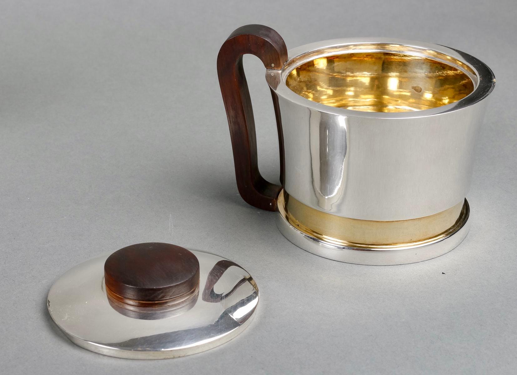 Français 1930 Jean Puiforcat Modernist Tea Coffee Set Sterling Silver Vermeil Rosewood en vente