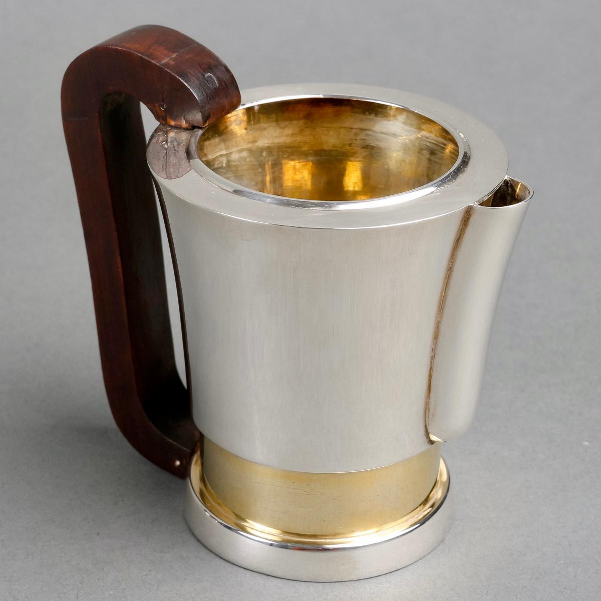 1930 Jean E. Puiforcat Modernist Tee Kaffee Set Sterling Silber Vermeil Rosenholz (Mitte des 20. Jahrhunderts) im Angebot