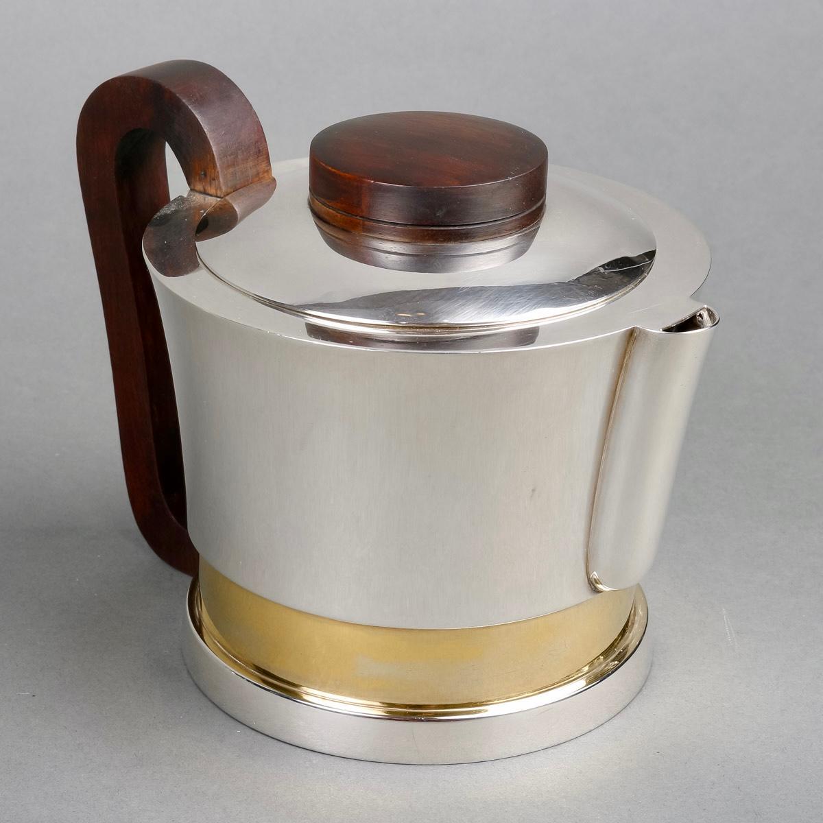 1930 Jean E. Puiforcat Modernist Tee Kaffee Set Sterling Silber Vermeil Rosenholz im Angebot 1