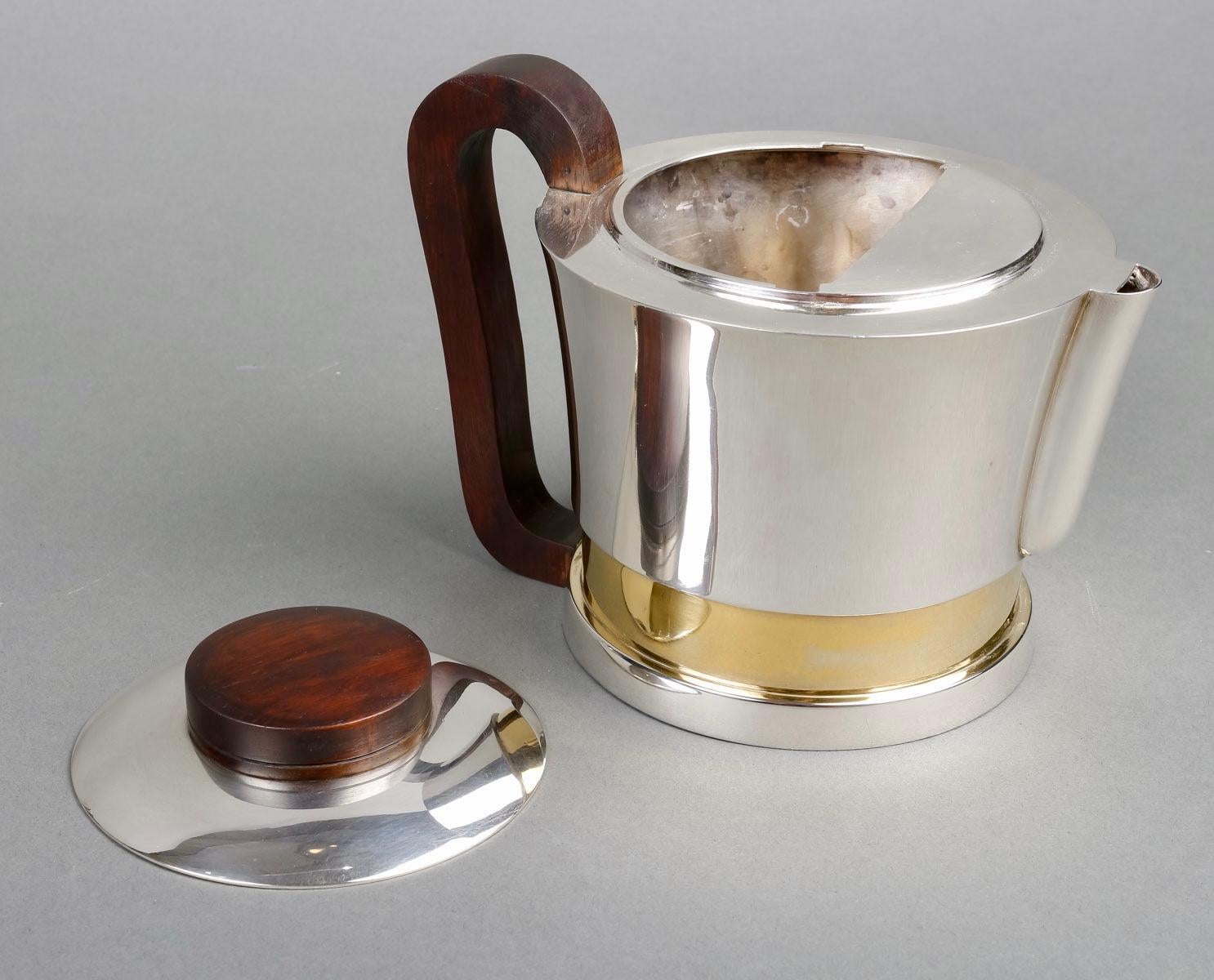 1930 Jean E. Puiforcat Modernist Tee Kaffee Set Sterling Silber Vermeil Rosenholz im Angebot 2