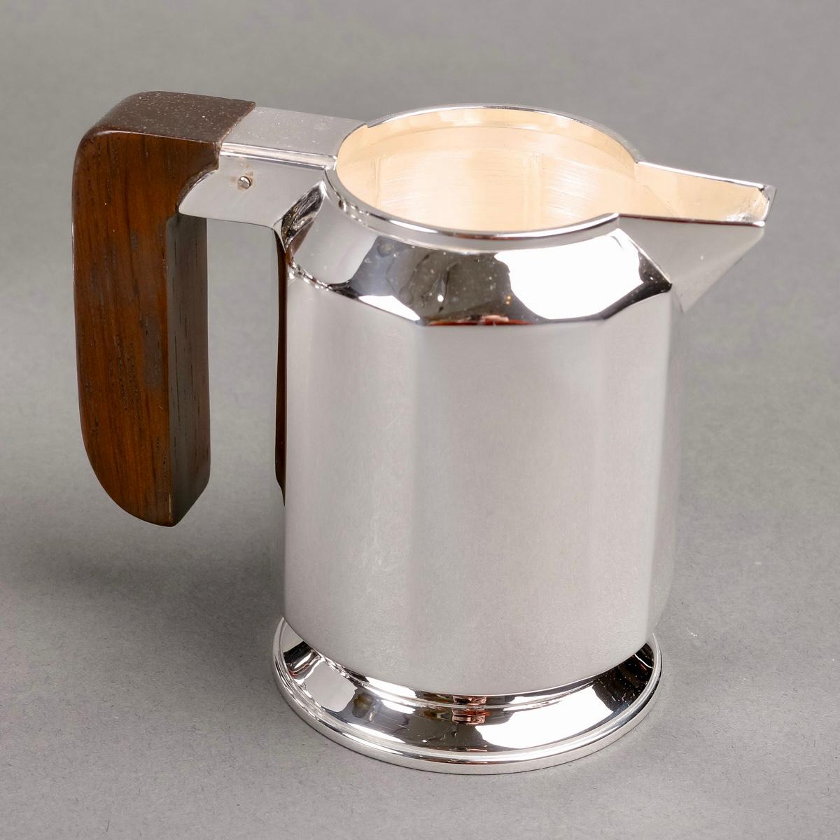 Art Deco 1925 Jean E. Puiforcat & Saks Modernist Tea Coffee Set Sterling Silver Rosewood
