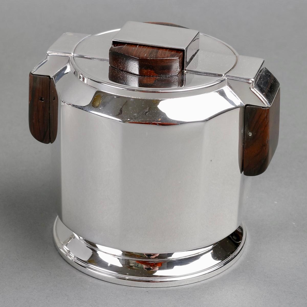French 1925 Jean E. Puiforcat & Saks Modernist Tea Coffee Set Sterling Silver Rosewood