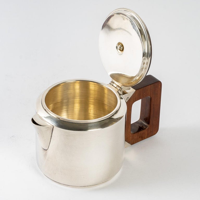 Art Deco 1930 Jean E. Puiforcat, Tea and Coffee Egoiste Set in Sterling Silver and Rosew For Sale
