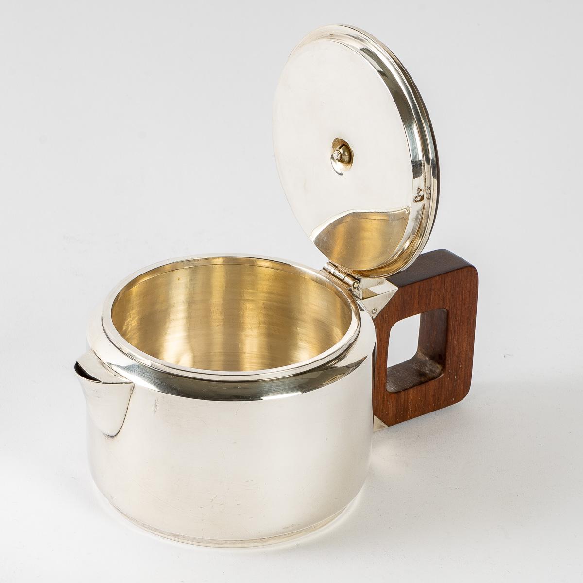 French 1930 Jean Puiforcat Modernist Tea Coffee Egoiste Set Sterling Silver Rosewood For Sale
