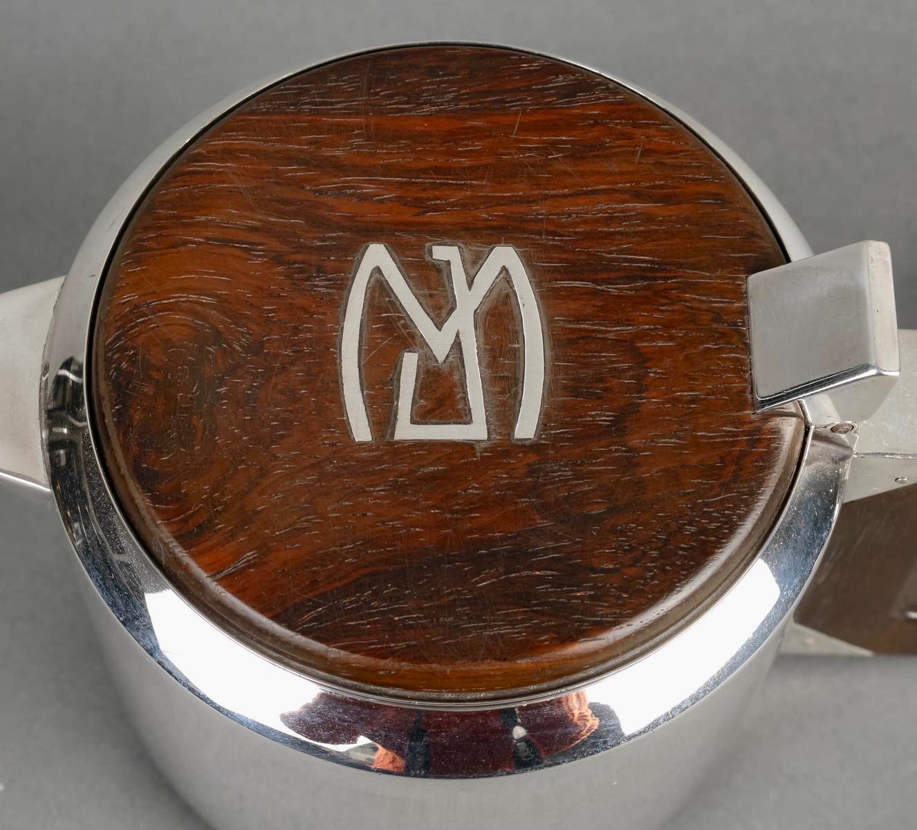 Art Deco 1930 Jean Puiforcat Modernist Tea Coffee Egoiste Set Sterling Silver Rosewood For Sale
