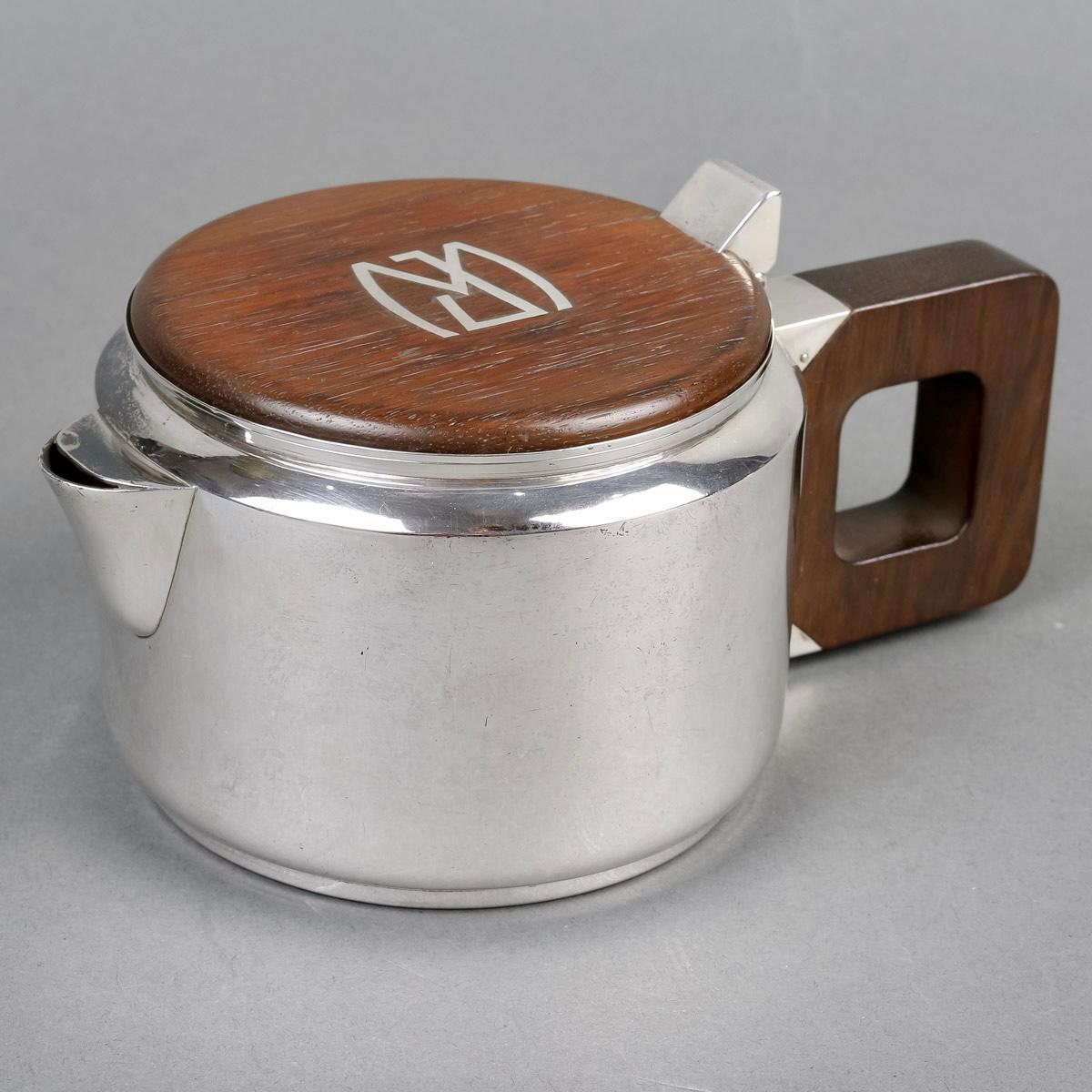 1930 Jean Puiforcat Modernist Tea Coffee Egoiste Set Sterling Silver Rosewood In Good Condition For Sale In Boulogne Billancourt, FR