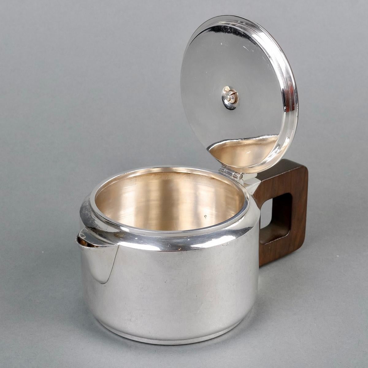 Mid-20th Century 1930 Jean Puiforcat Modernist Tea Coffee Egoiste Set Sterling Silver Rosewood For Sale