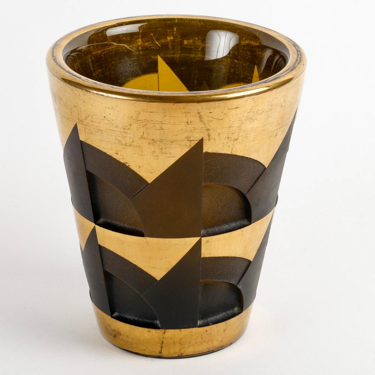 French 1930 Jean Luce Art Deco Modernist Vase Smoked Topaz Glass Gold Enamel