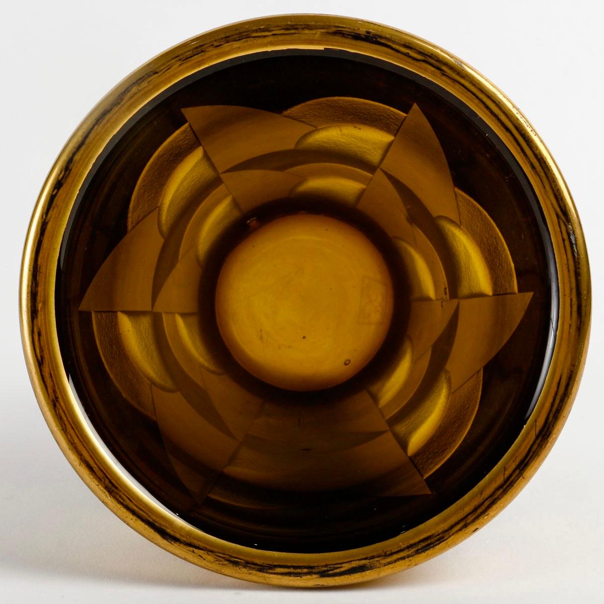Molded 1930 Jean Luce Art Deco Modernist Vase Smoked Topaz Glass Gold Enamel
