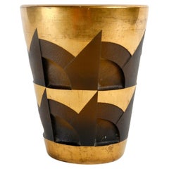 1930 Jean Luce Art Deco Modernist Vase Smoked Topaz Glass Gold Enamel