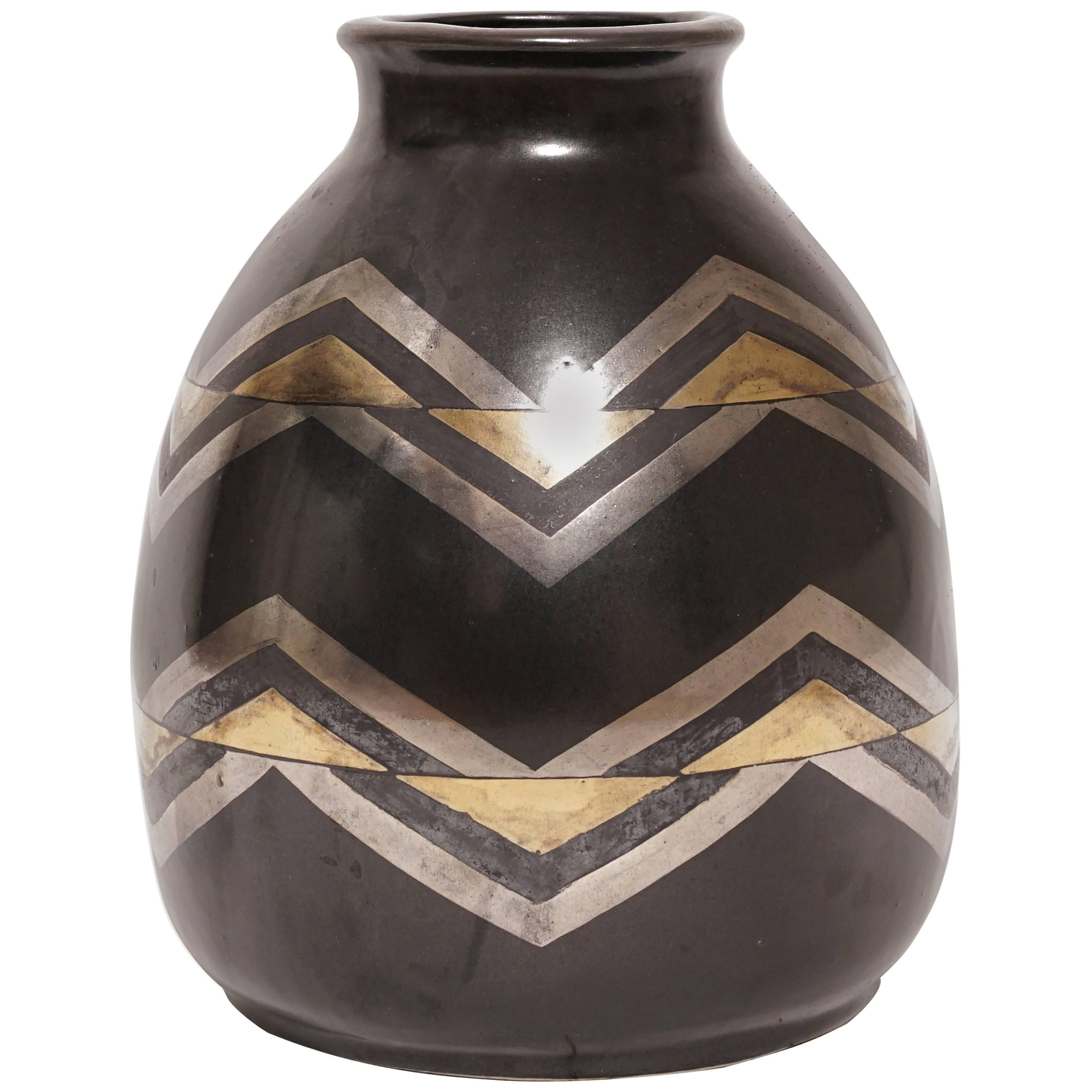 1930, Jean Luce, Black and Gilt Glazed Stoneware Art Deco Chevrons Vase