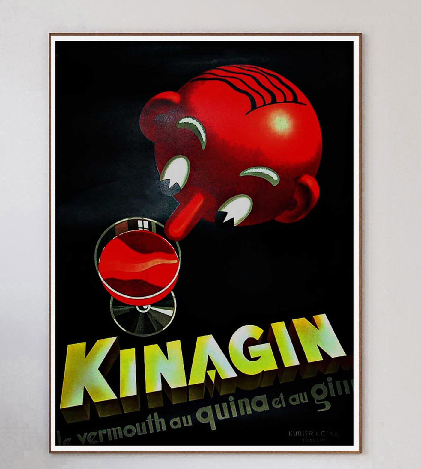 Belle et rare affiche de 1930 pour la promotion de la marque de liqueur suisse Kinagin. L'affiche présente les ingrédients de la boisson : 