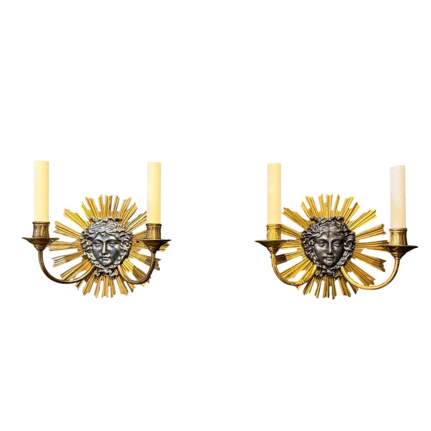 1930 Louise XIV Style Sunburst Shape Bronze Sconces 2 lights For Sale