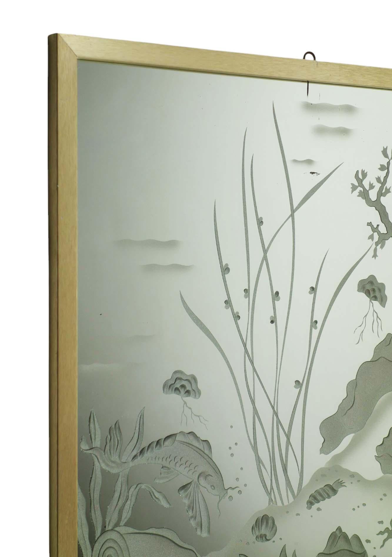 1930 Luigi Brusotti Meeresboden Gravierte Fischmuschel Italienischer Art Deco Wandspiegel (Glas) im Angebot