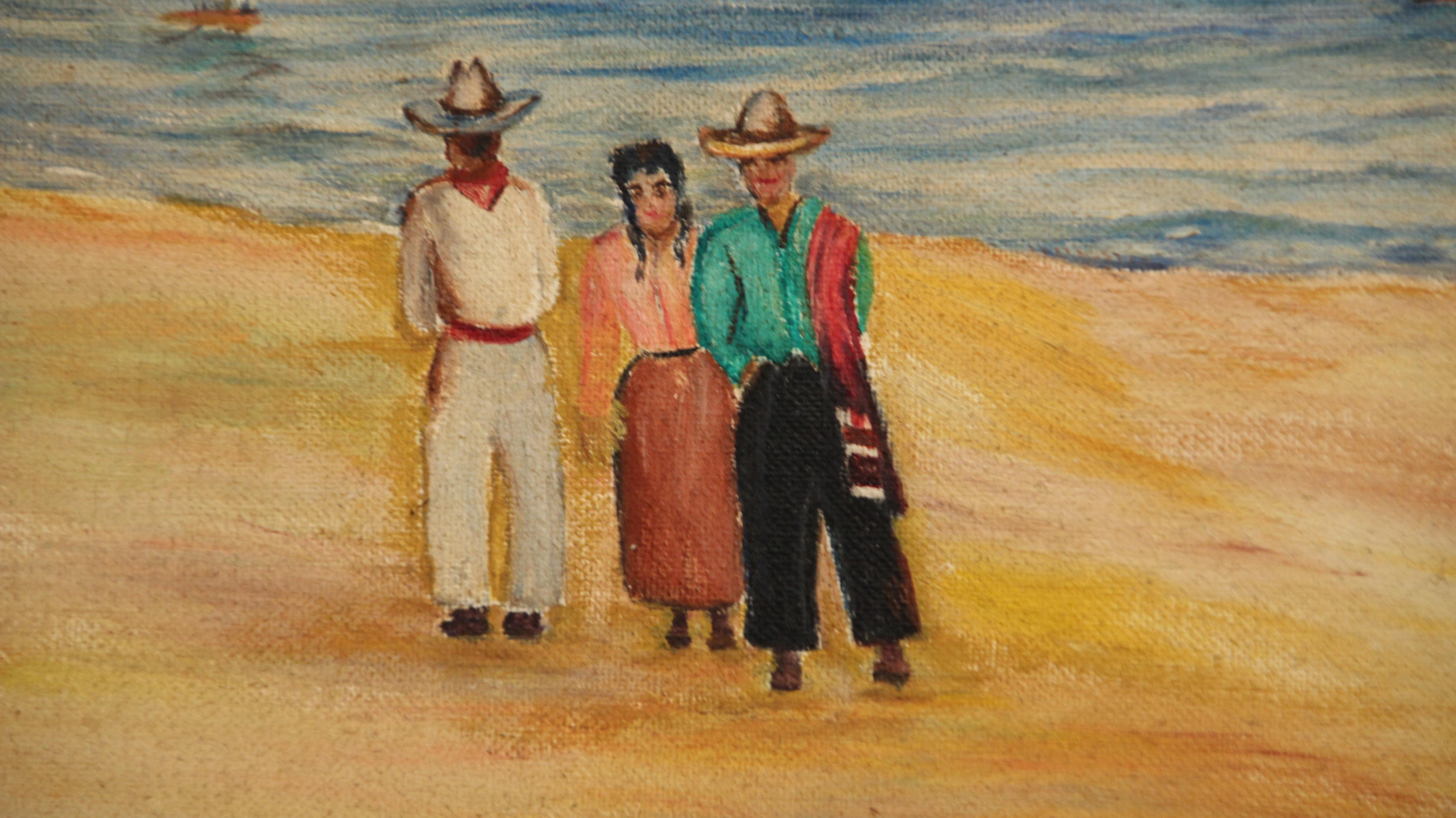 North American 1930 Mexican Painting Primitive Seascape Scene
