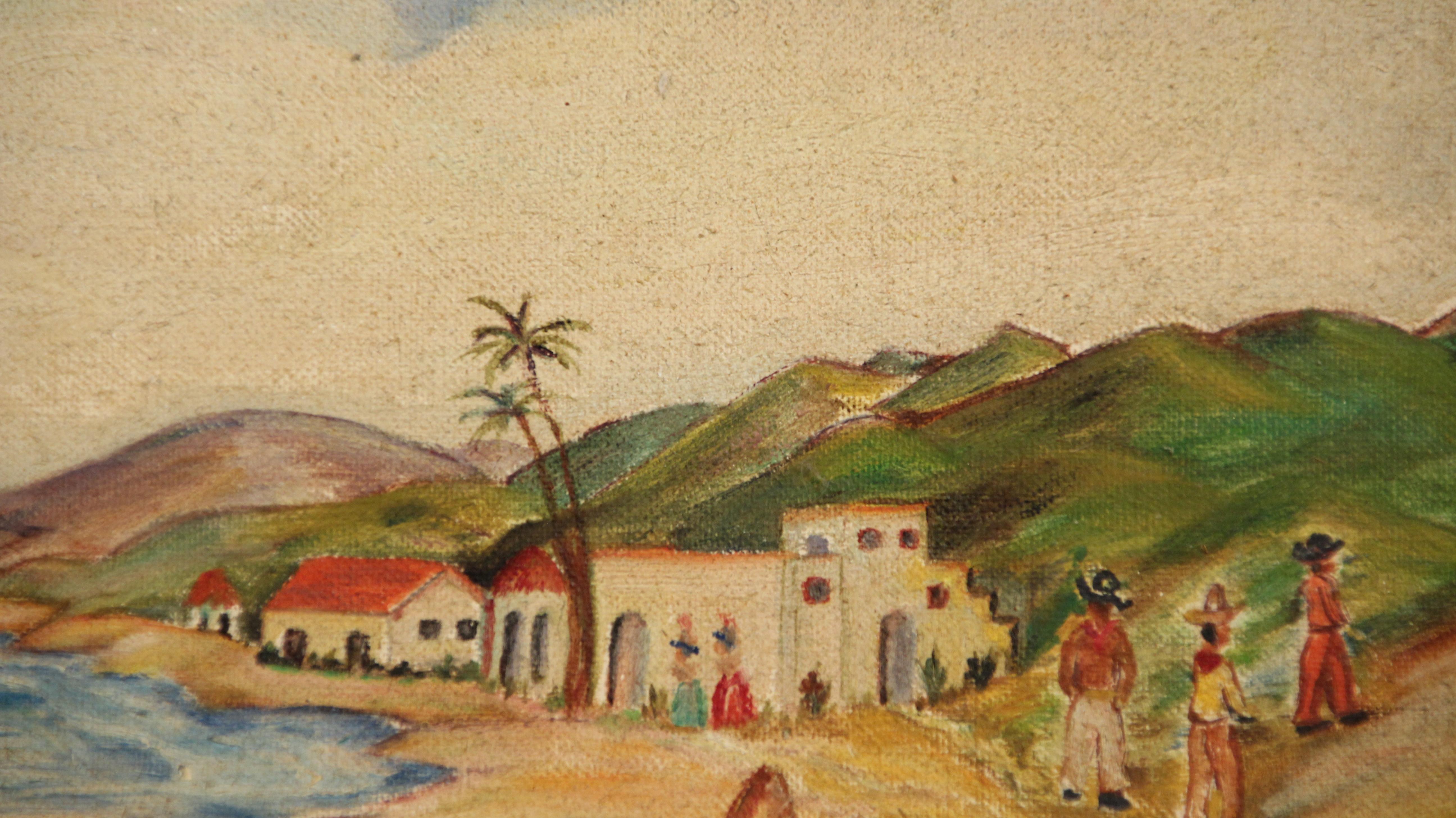 1930 Mexican Painting Primitive Seascape Scene In Good Condition In Pasadena, CA