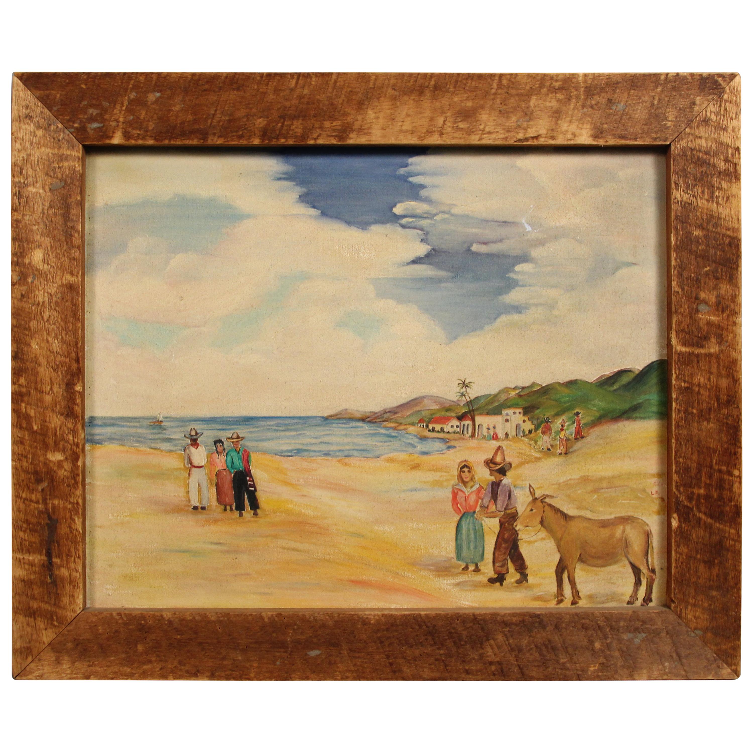1930 Mexican Painting Primitive Seascape Scene