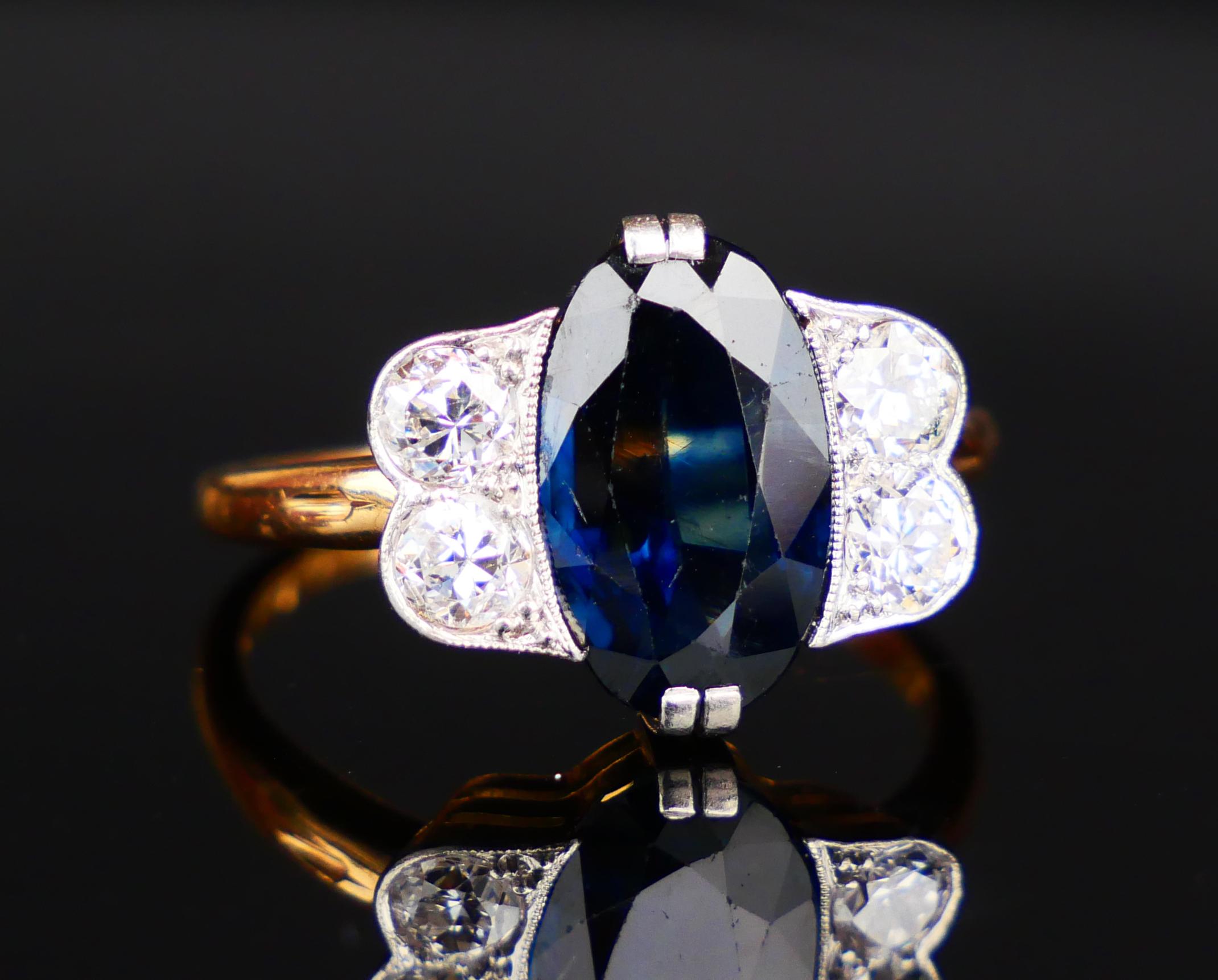 1930 Nordic Ring 5ct Sapphire 0.8ctw Diamonds 18K Gold Platinum Ø7.75US/4.4gr For Sale 6