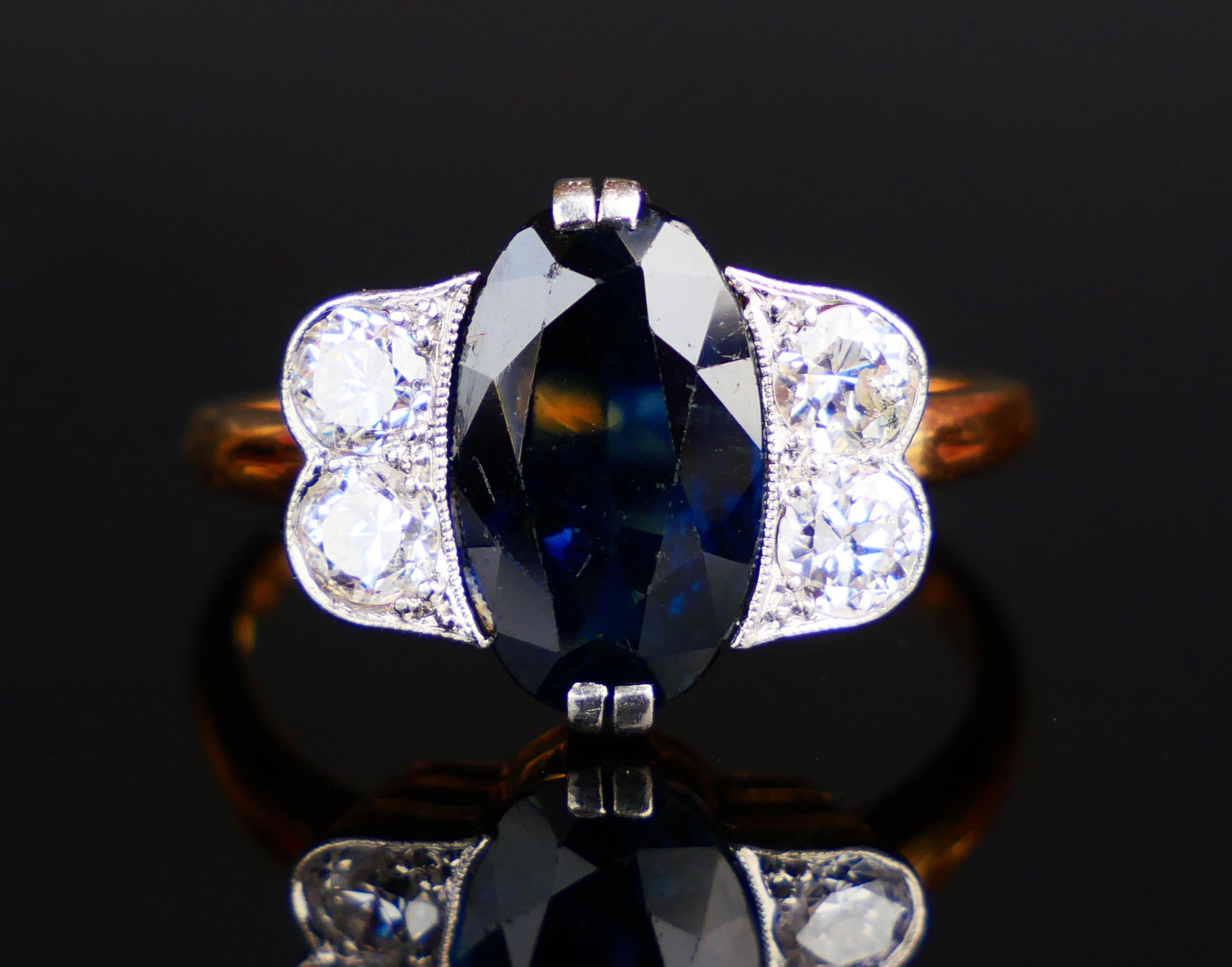 1930 Nordic Ring 5ct Sapphire 0.8ctw Diamonds 18K Gold Platinum Ø7.75US/4.4gr For Sale 7