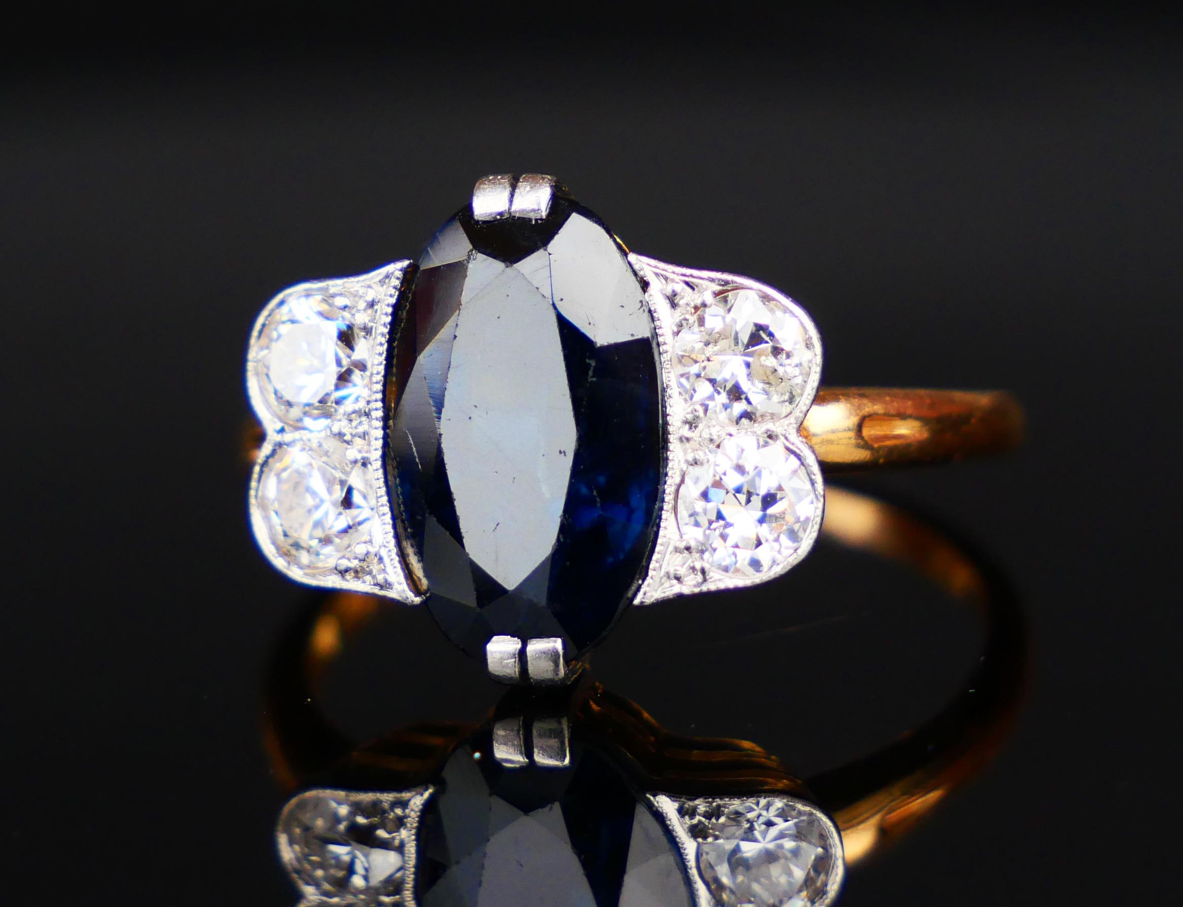 1930 Nordic Ring 5ct Sapphire 0.8ctw Diamonds 18K Gold Platinum Ø7.75US/4.4gr For Sale 8