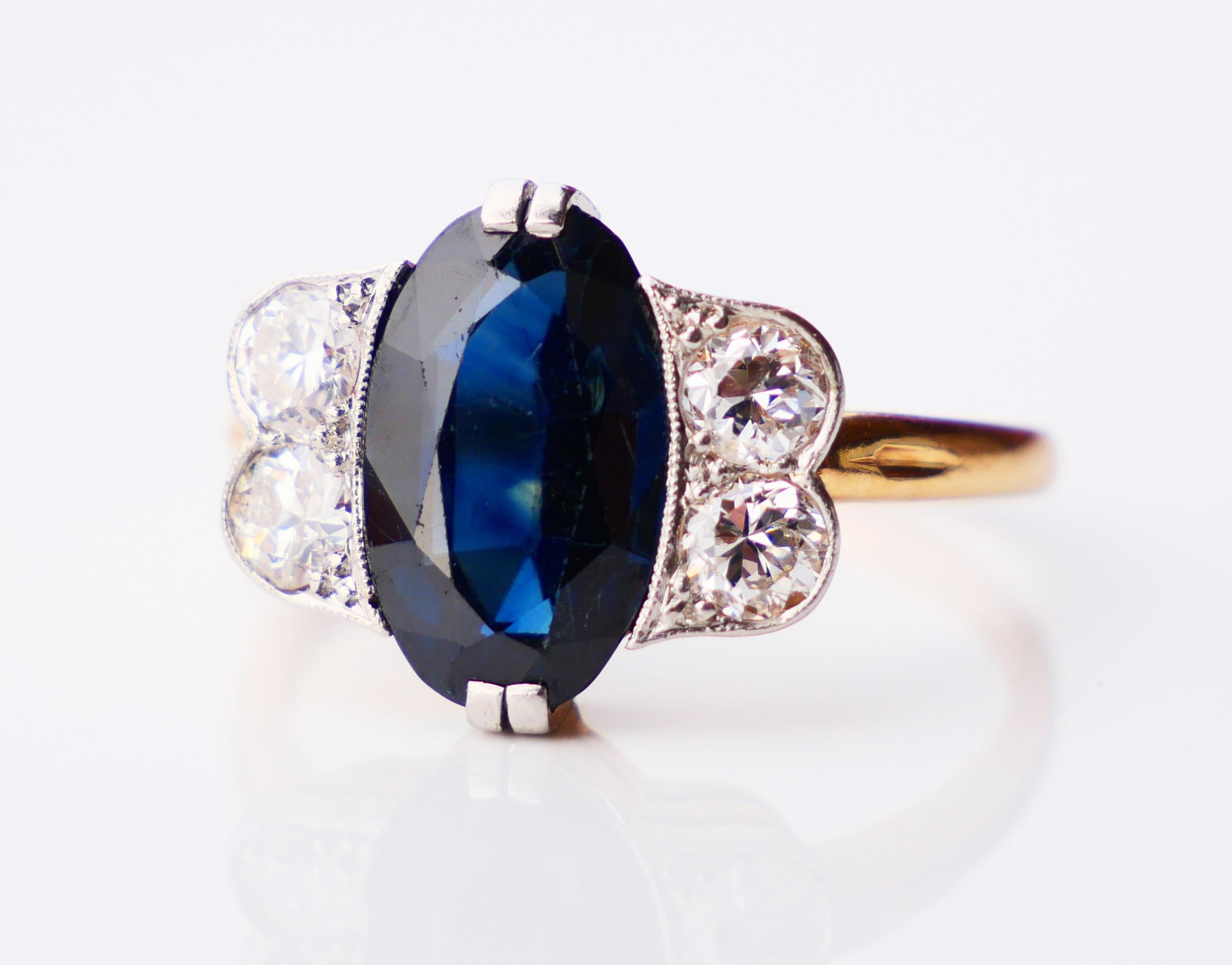 Art Deco 1930 Nordic Ring 5ct Sapphire 0.8ctw Diamonds 18K Gold Platinum Ø7.75US/4.4gr For Sale