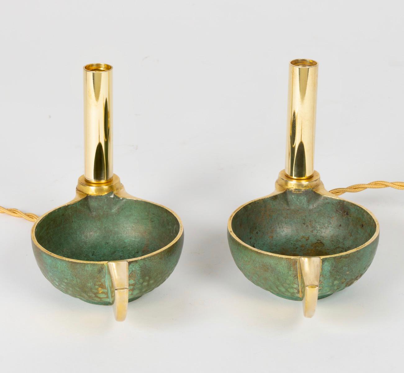 French 1930 Pair of Bronze Lamps Attributed to André Arbus