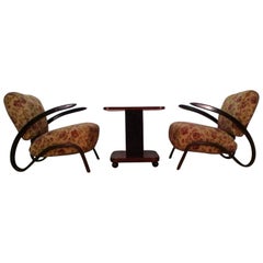 1930 Pair of Rare Jindrich Halabala H-275 Art Deco Armchairs and Coffee Table