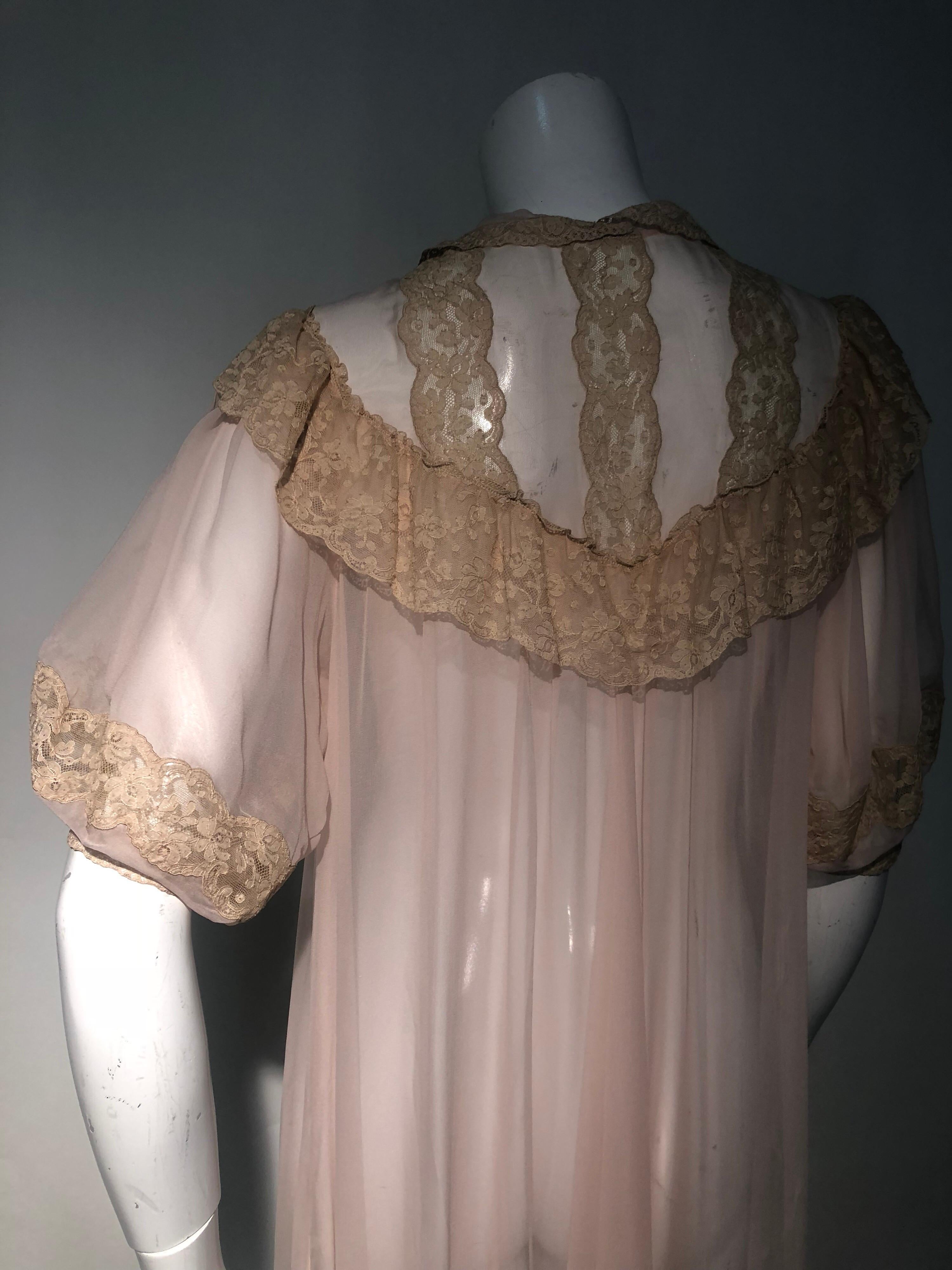 1930 Pale Pink Silk Chiffon Peignoir with Ecru Lace Decolletage  For Sale 3