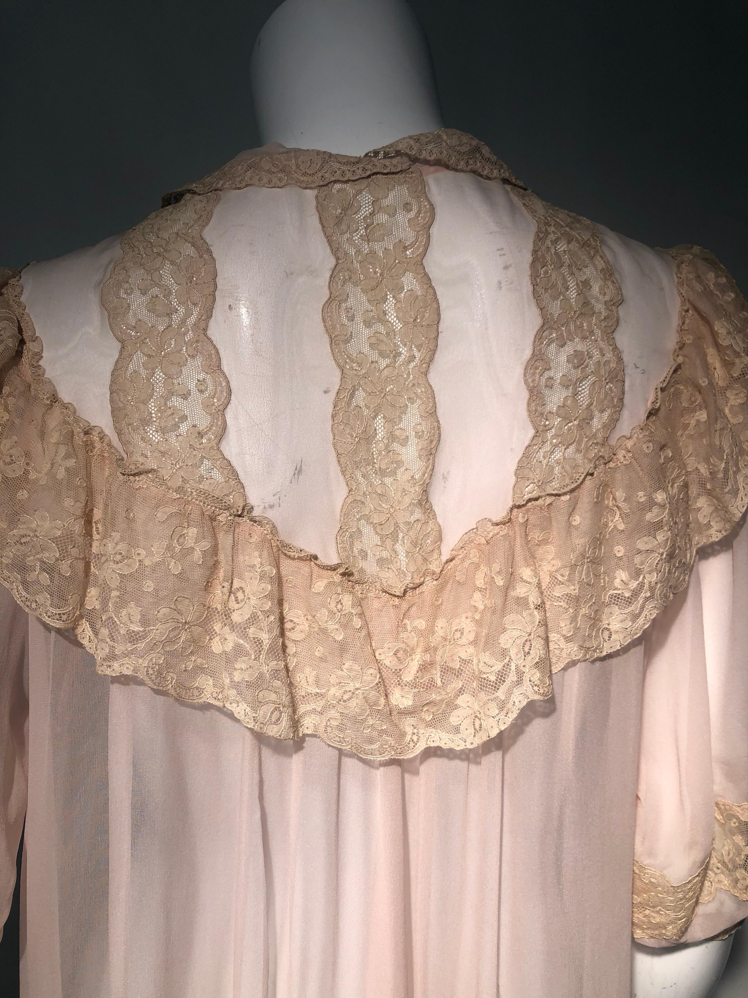 1930 Pale Pink Silk Chiffon Peignoir with Ecru Lace Decolletage  For Sale 4