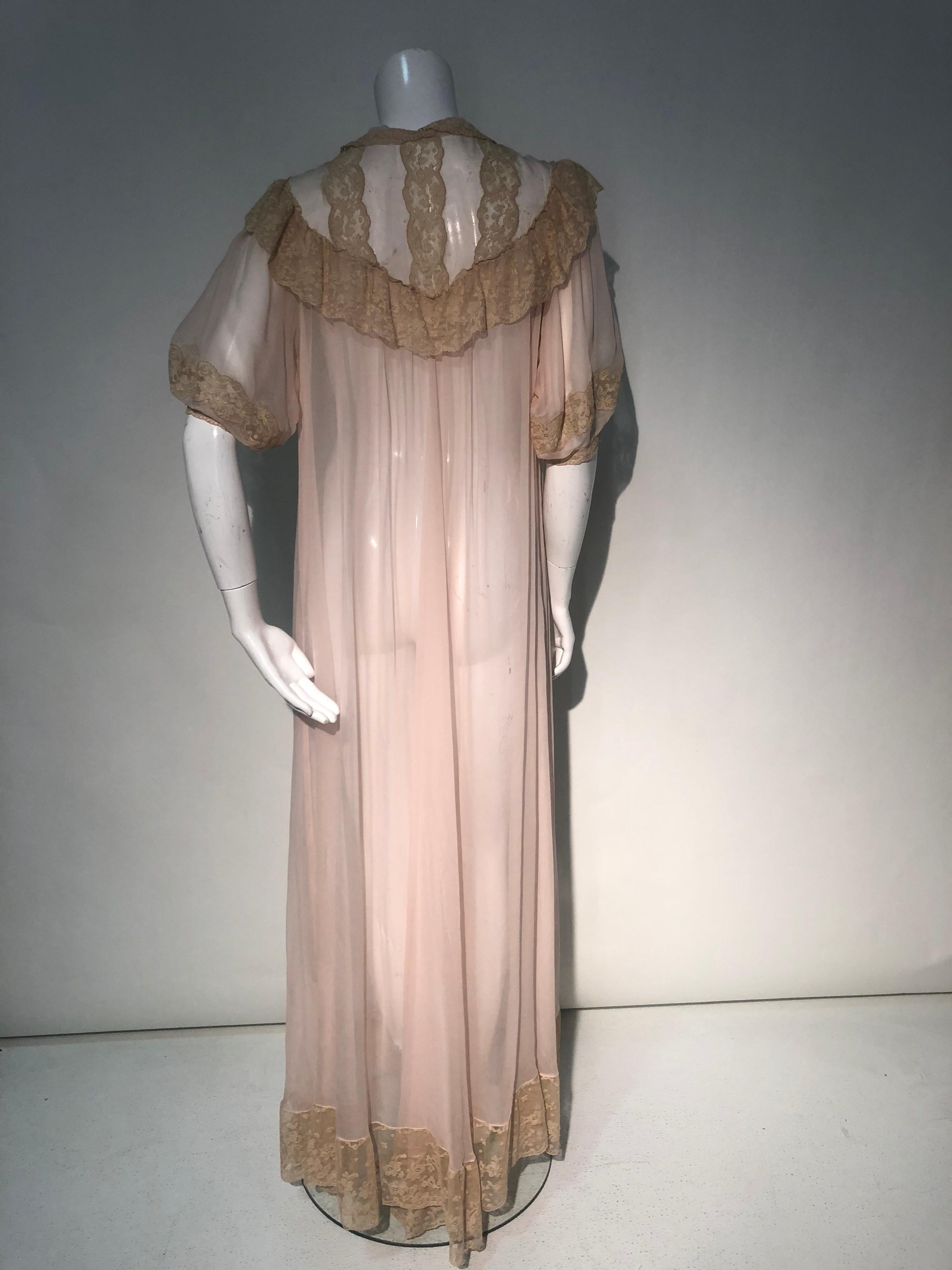1930 Pale Pink Silk Chiffon Peignoir with Ecru Lace Decolletage  For Sale 5
