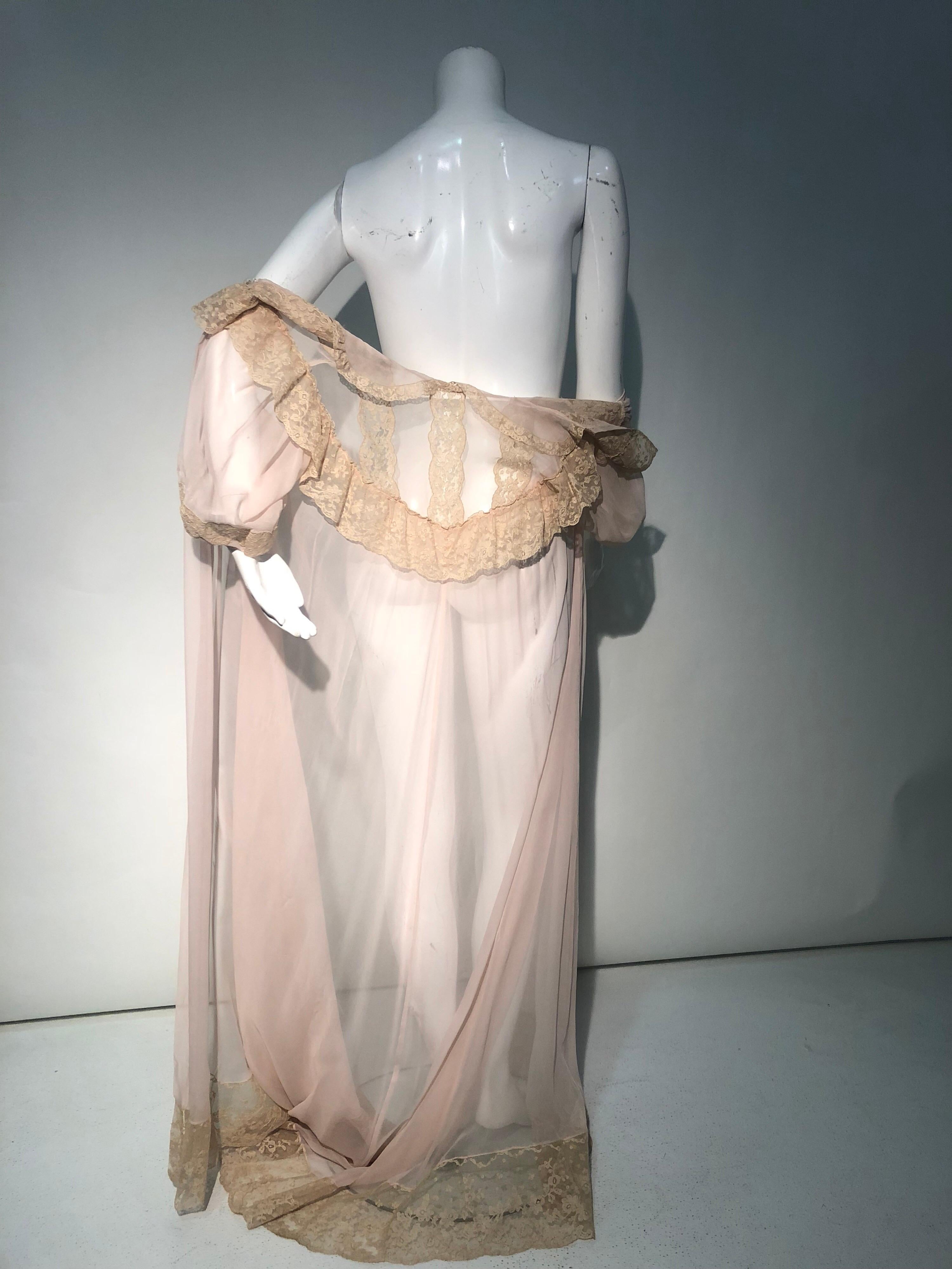 1930 Pale Pink Silk Chiffon Peignoir with Ecru Lace Decolletage  For Sale 6