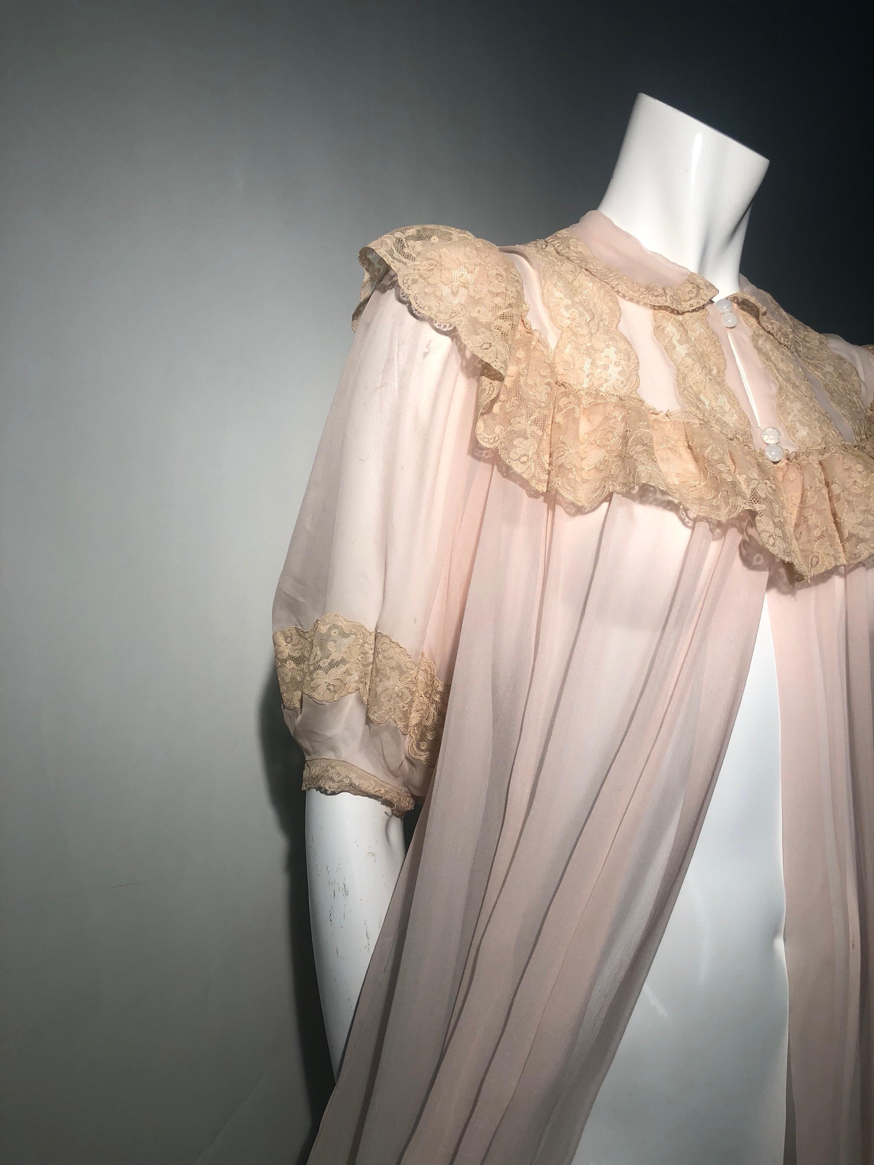 Women's 1930 Pale Pink Silk Chiffon Peignoir with Ecru Lace Decolletage  For Sale