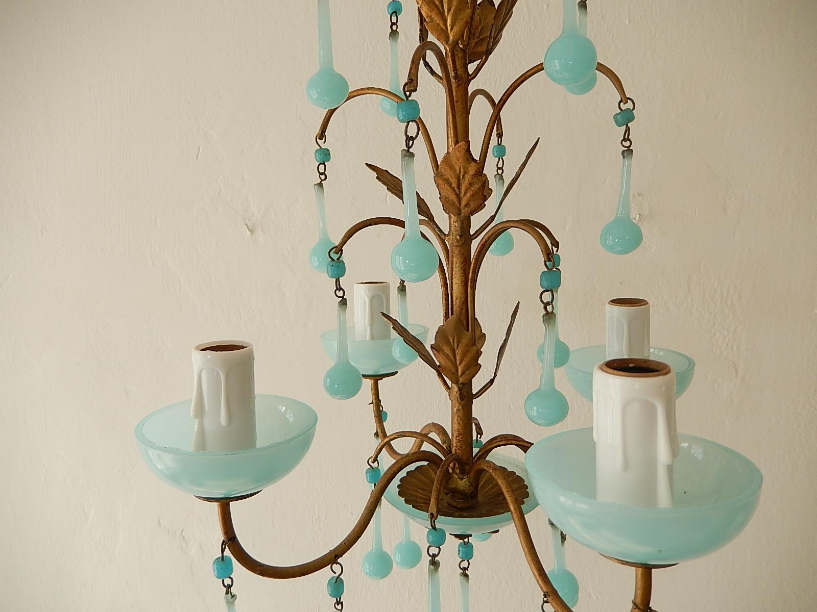 1930 Petit French Blue Opaline Bobeches, Beads and Drops Chandelier 4