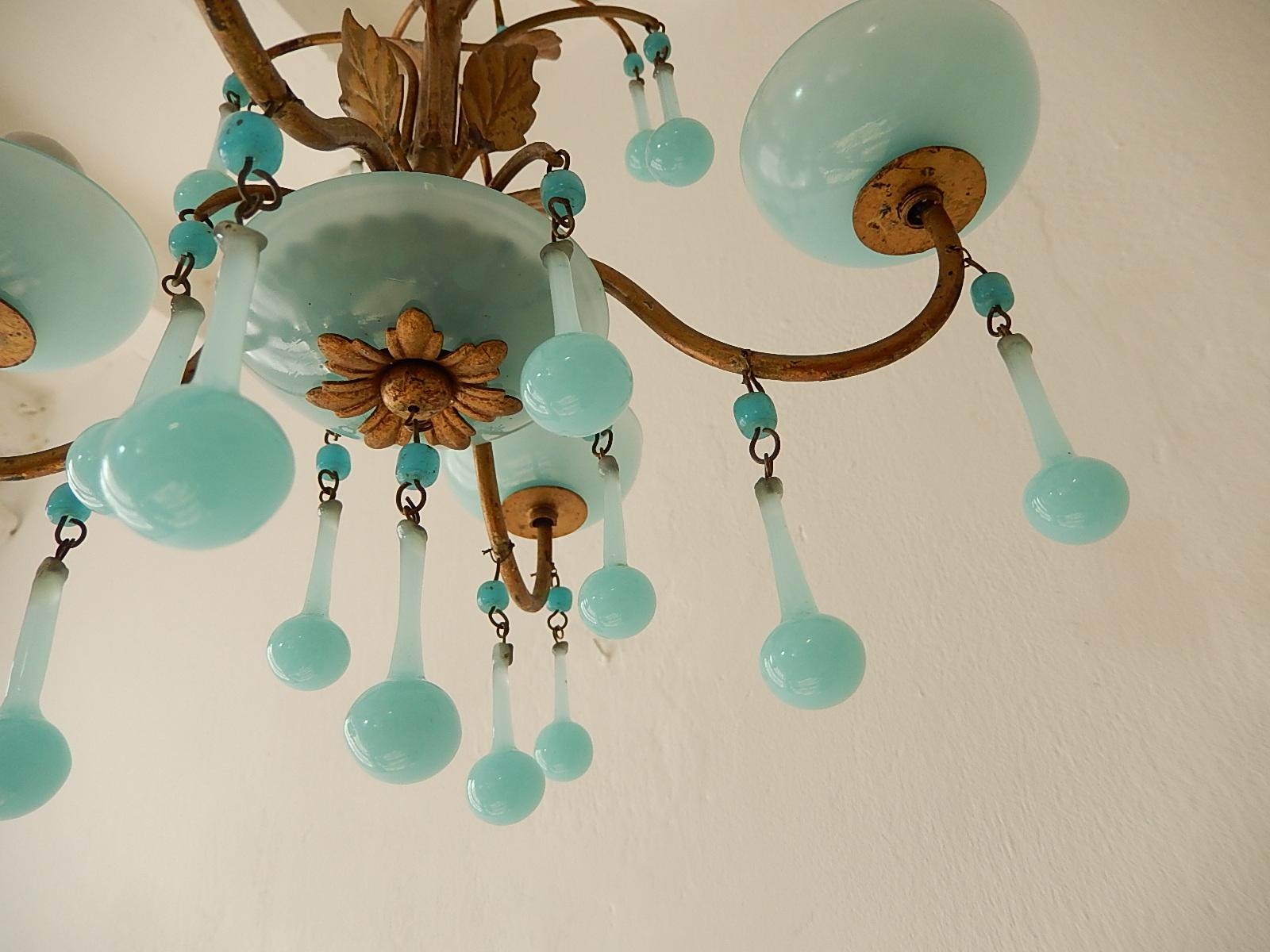 1930 Petit French Blue Opaline Bobeches, Beads and Drops Chandelier In Good Condition In Modena (MO), Modena (Mo)