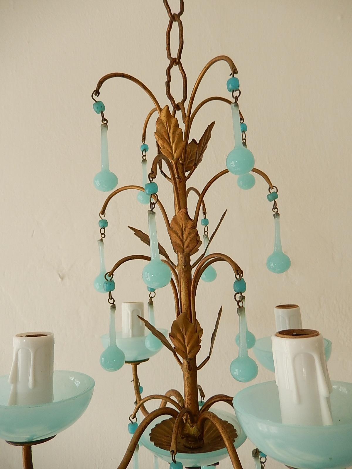 Mid-20th Century 1930 Petit French Blue Opaline Bobeches, Beads and Drops Chandelier