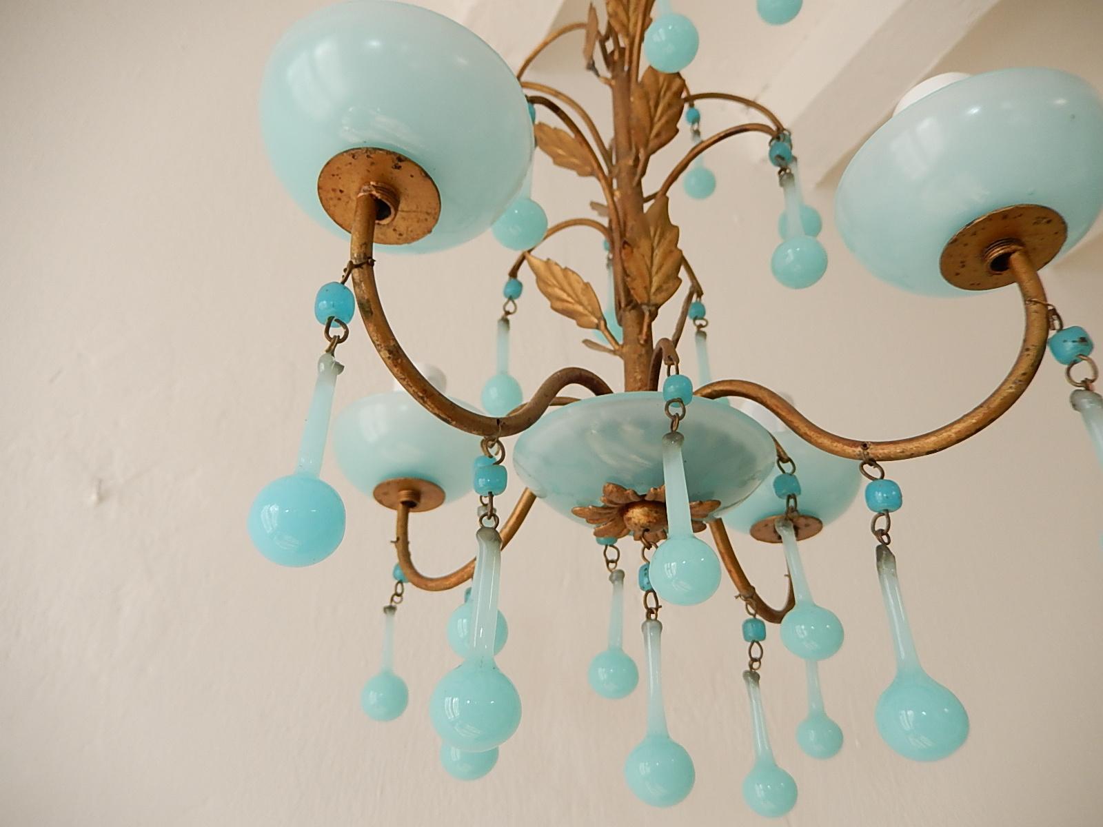 Murano Glass 1930 Petit French Blue Opaline Bobeches, Beads and Drops Chandelier