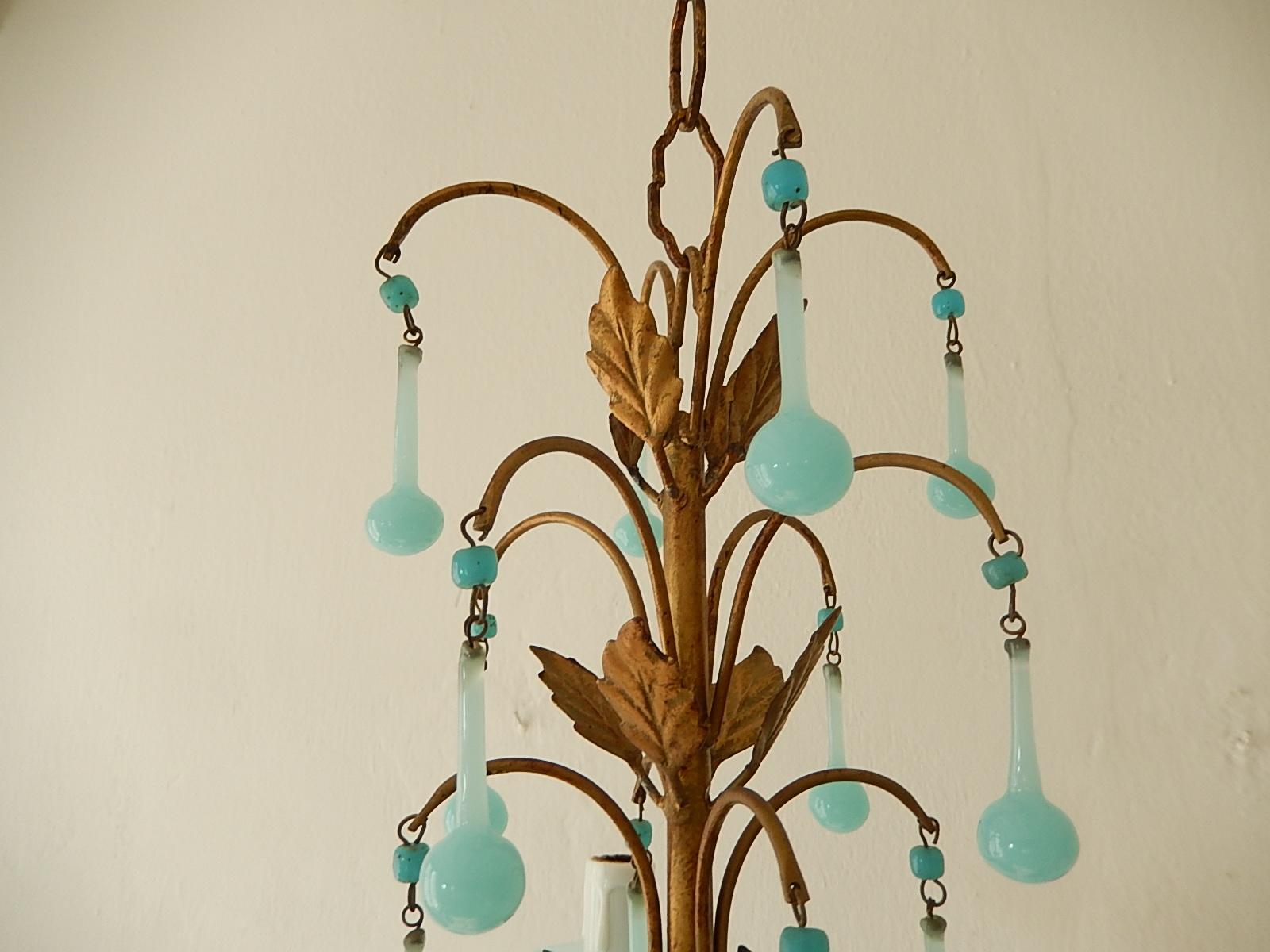 1930 Petit French Blue Opaline Bobeches, Beads and Drops Chandelier 2
