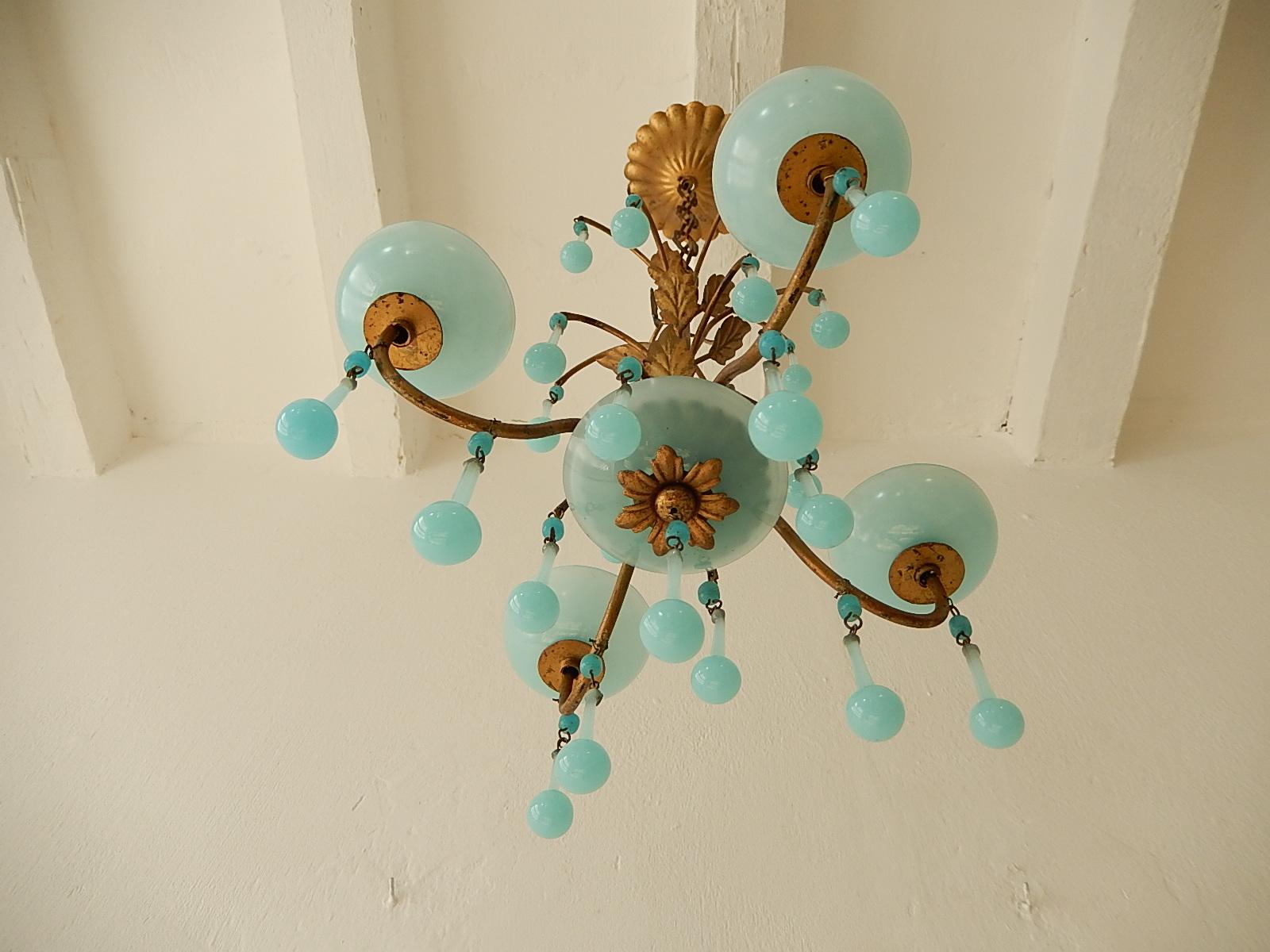 1930 Petit French Blue Opaline Bobeches, Beads and Drops Chandelier 3