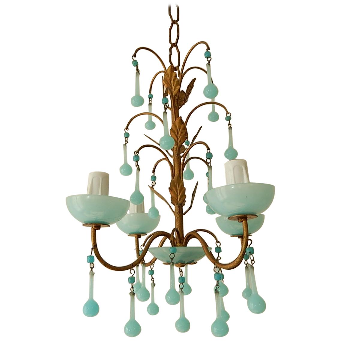 1930 Petit French Blue Opaline Bobeches, Beads and Drops Chandelier