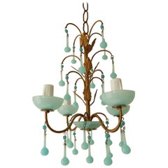 1930 Petit French Blue Opaline Bobeches, Beads and Drops Chandelier