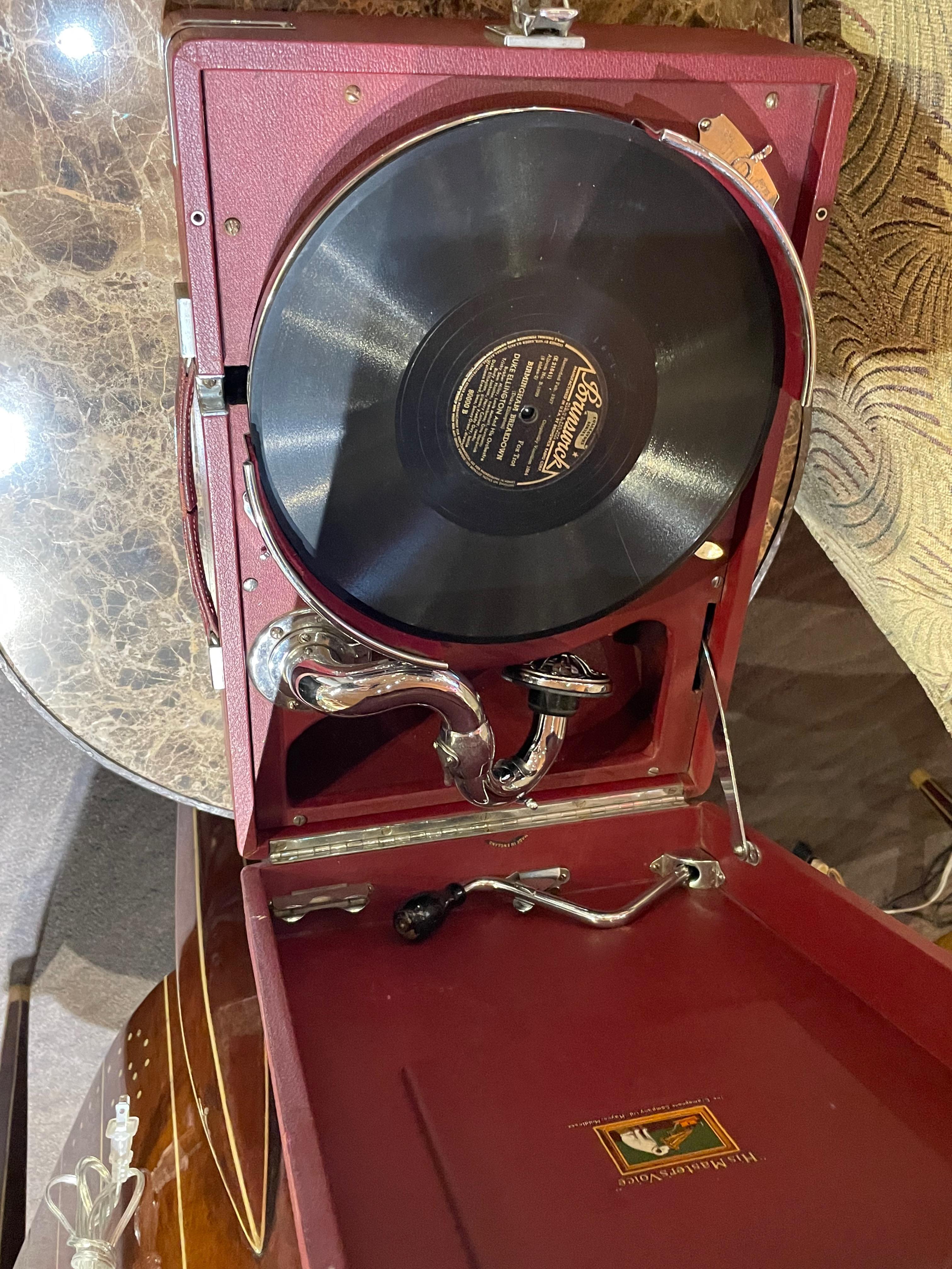 Art Deco 1930 Portable Gramophone His Master's Voice Original Red Covered Finish