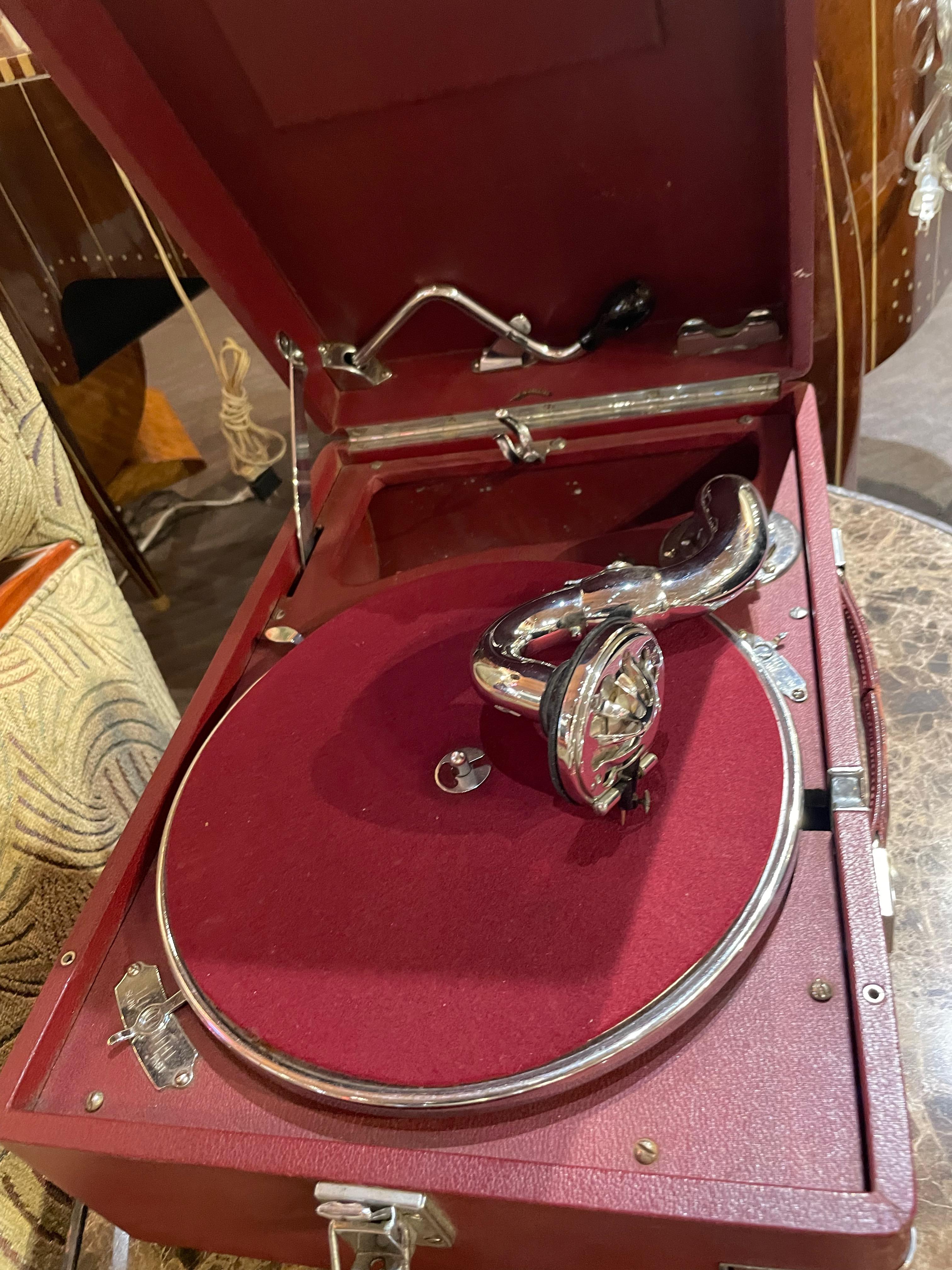 English 1930 Portable Gramophone His Master's Voice Original Red Covered Finish