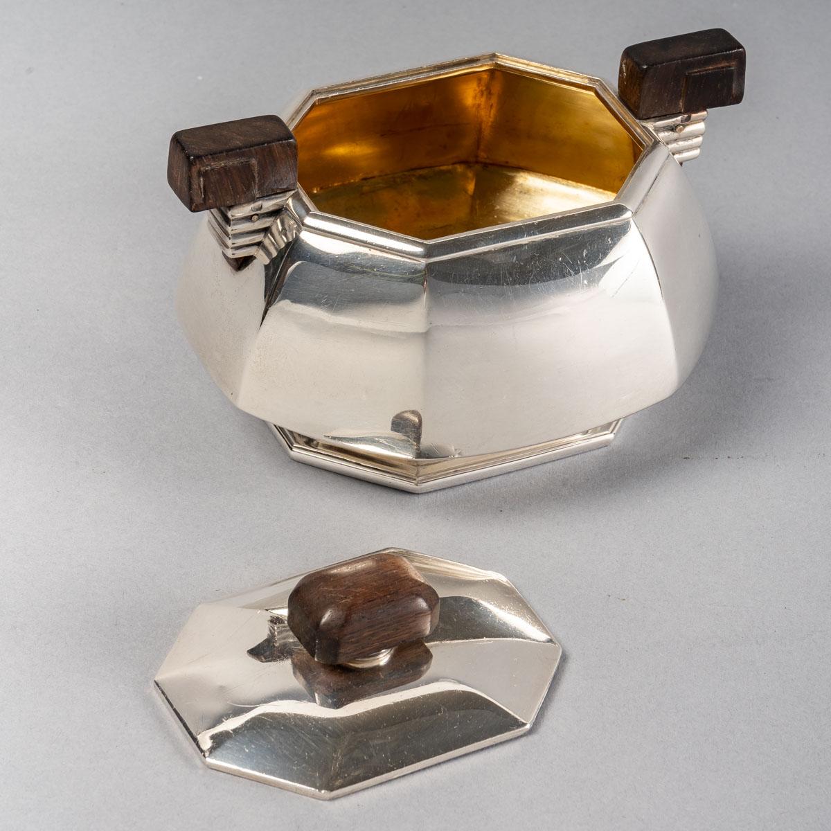 1930 Jean E Puiforcat Art Deco Modernist Tea Coffee Set Sterling Silver Rosewood in vendita 6