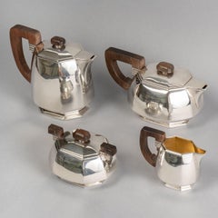 1930 Jean E Puiforcat Art Deco Modernist Tea Coffee Set Sterling Silver Rosewood