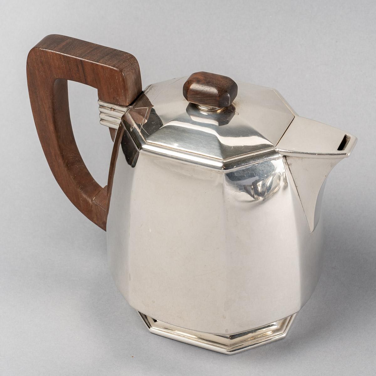 Art Déco 1930 Jean E Puiforcat Art Deco Modernist Tea Coffee Set Sterling Silver Rosewood in vendita